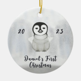 kleines Pinguin-erstes Weihnachtsfest-Foto Keramik Ornament