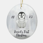kleines Pinguin-erstes Weihnachtsfest-Foto Keramik Ornament (Links)