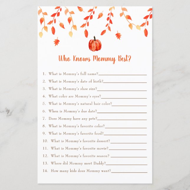 Kleines Pumpkin Baby Shower Game, das Mama kennt (Vorderseite)