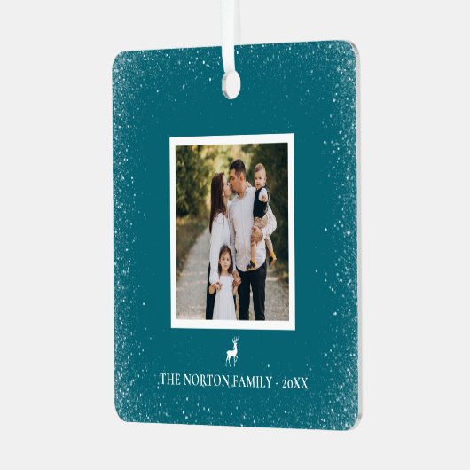 Kleines Reindeer Simple Snowflakes Custom Foto Ornament Aus Metall (Vorderseite links)