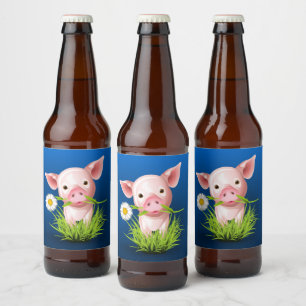 Kleines rosa Schwein in grünem Gras über blau Bierflaschenetikett