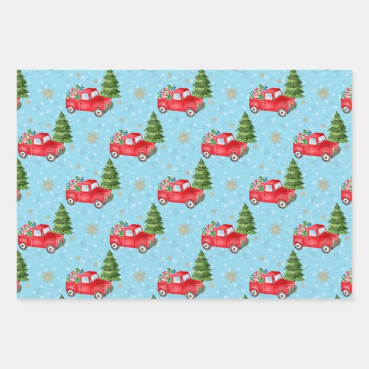 Kleines rotes Auto mit Weihnachtsbaum Geschenkpapier Set (Vorderseite)