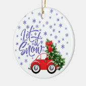 Kleines rotes Auto mit Weihnachtsbaum Keramik Ornament (Links)