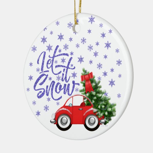 Kleines rotes Auto mit Weihnachtsbaum Keramik Ornament (Links)