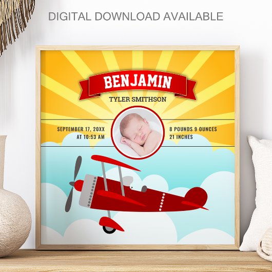Kleines rotes Pilot-Flugzeug-Baby-Foto-Geburtsstat Poster
