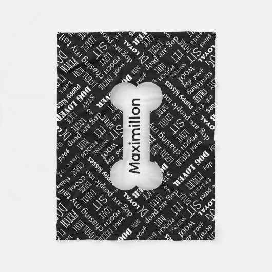 KLEINES Schwarz mit weißem Hundeknochen und Name Fleecedecke (Vorderseite)