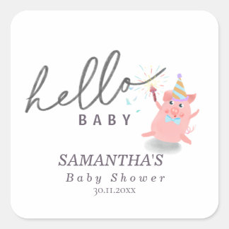 kleines Schwein Kalligrafie-Baby-Party Hello baby Quadratischer Aufkleber