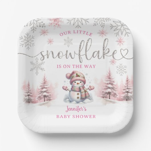 Kleines Snowflake Baby Duschmädchen Pink Paper Pappteller (Vorderseite)