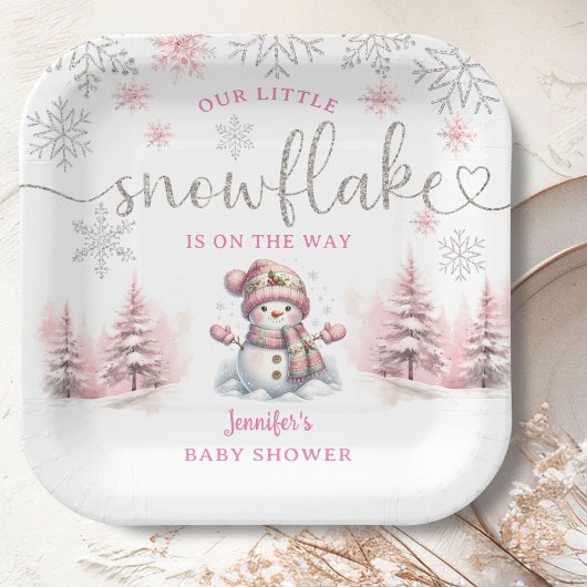 Kleines Snowflake Baby Duschmädchen Pink Paper Pappteller
