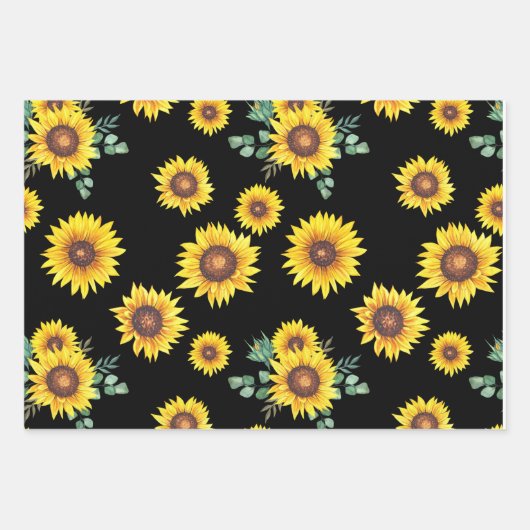 Kleines Sonnenblumenmuster auf schwarzem Hintergru Geschenkpapier Set (Vorderseite 2)