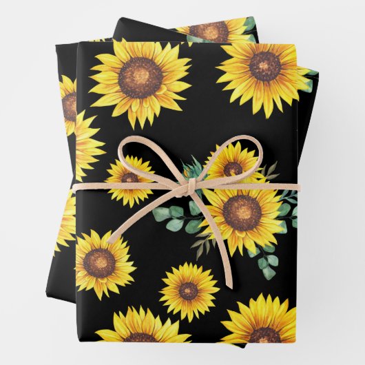 Kleines Sonnenblumenmuster auf schwarzem Hintergru Geschenkpapier Set (Beispiel)
