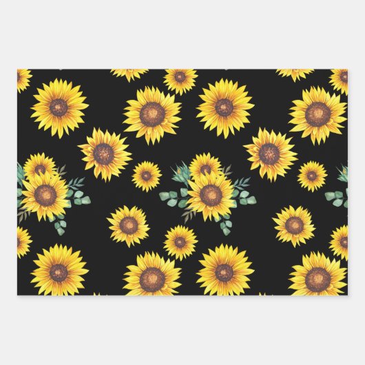 Kleines Sonnenblumenmuster auf schwarzem Hintergru Geschenkpapier Set (Vorderseite)