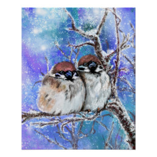 Kleines Sparrow-Paar in Winterpostermalerei Poster