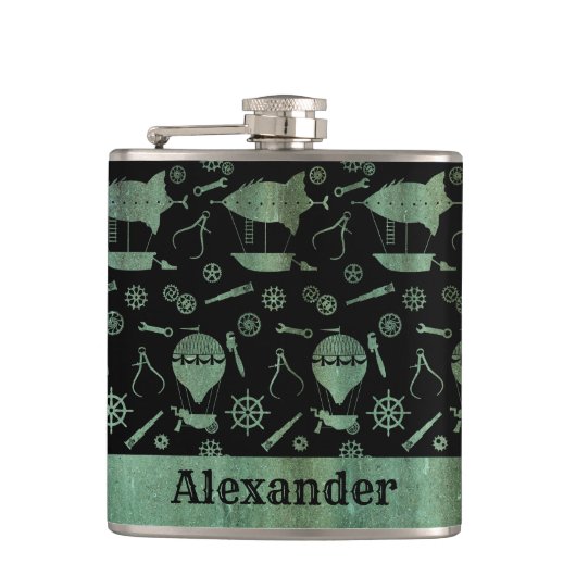 Kleines Steampunk Verdigris Luftschiff Thema Custo Flachmann (Vorderseite)