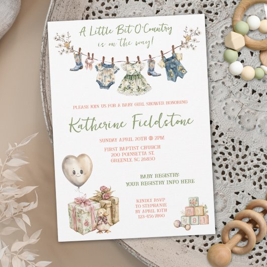 Kleines Stück Country Clothesline Baby Girl Dusche Einladung
