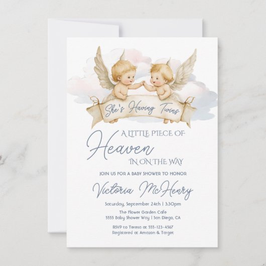 Kleines Stück Heaven Angel Twin Baby Dusche Einladung (Vorderseite)
