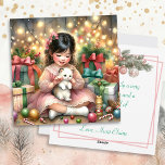 Kleines Vintages Mädchen in Pink mit Kätzchen Weih Feiertagskarte<br><div class="desc">Hübsche Weihnachten Vintage personalisierte Karte. Ein Aquarellbild eines Vintagen kleinen Mädchens,  das am Weihnachtsmorgen mit einem kleinen weißen Kätzchen spielt. Viele hübsche rosa Elemente.</div>