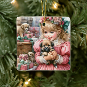 Kleines Vintages Mädchen in Pink mit Welpen Weihna Keramikornament