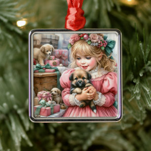Kleines Vintages Mädchen in Pink mit Welpen Weihna Ornament Aus Metall