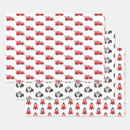 Kleinfahrzeug: Polizeiwagen, Feuerzug, Rakete Geschenkpapier Set