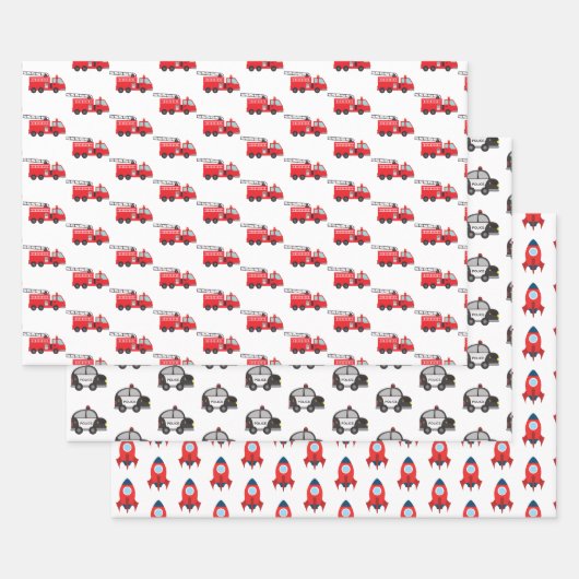 Kleinfahrzeug: Polizeiwagen, Feuerzug, Rakete Geschenkpapier Set (Set)