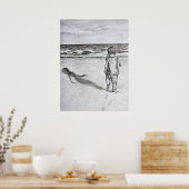 Kleinkind auf dem Beach Pencil Zeichnend Art Print Poster (Küche)
