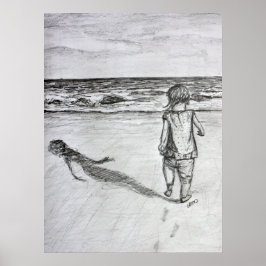 Kleinkind auf dem Beach Pencil Zeichnend Art Print Poster