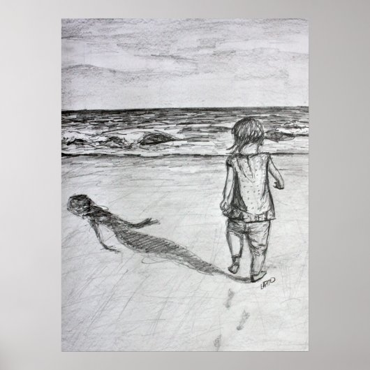 Kleinkind auf dem Beach Pencil Zeichnend Art Print Poster (Vorne)