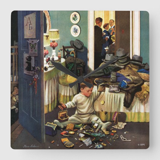 Kleinkind leert Geldbeutel Quadratische Wanduhr (Vorderseite)