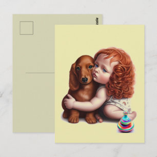 Kleinkind mit roten Haaren umarmt Dachshund Postka Postkarte