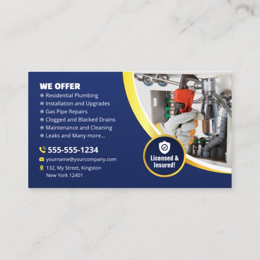 Klempner Klempner Technician Contractor Blue Gold Visitenkarte (Rückseite)