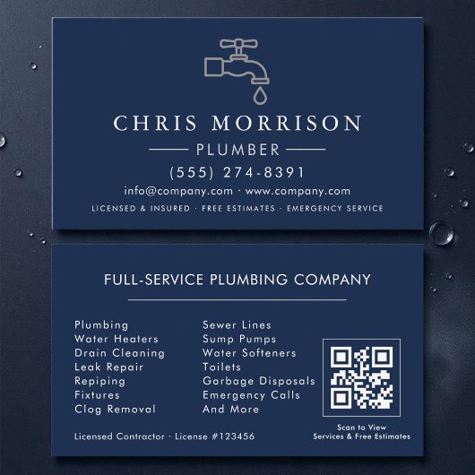 Klempner Navy Blau Silber QR-Code Visitenkarte