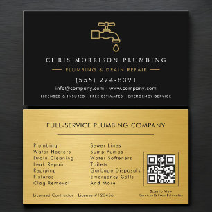 Klempner Schwarz & Gold Metallisch QR-Code Visitenkarte