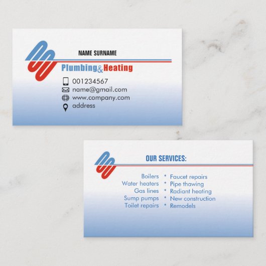 Klempnerarbeit und Heizung. Visitenkarte für (Vorne/Hinten)