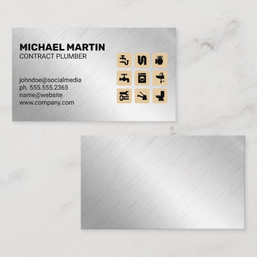 Klempnersymbole | Aluminium-Metallic-Hintergrund Visitenkarte (Vorne/Hinten)