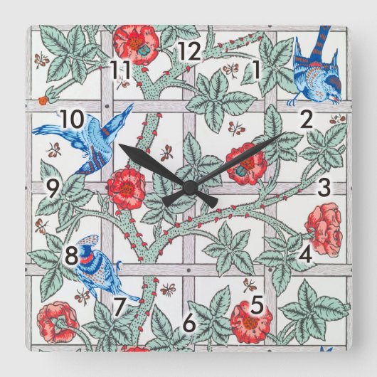 Klettern Rose & Kleiner Vogel, William Morris Quadratische Wanduhr (Vorderseite)
