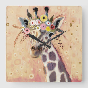 Klimt Giraffe   geschmückt in den Blumen Quadratische Wanduhr