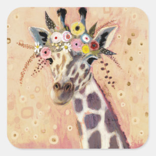 Klimt Giraffe   In Blume verziert Quadratischer Aufkleber