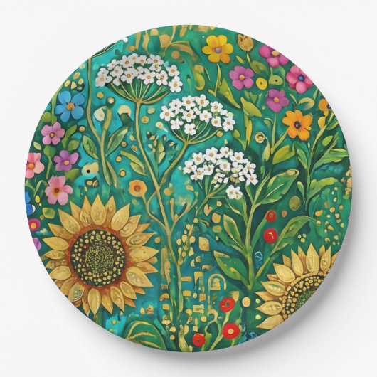 Klimt Sonnenblumenwiese Pappteller (Vorderseite)