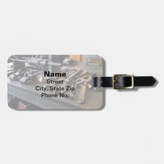 Klinge und Öldose im Maschinenladen Gepäckanhänger (Vorderseite horizontal)