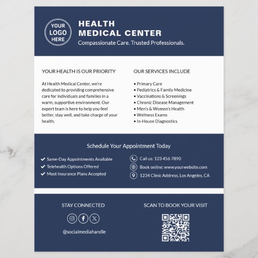 Klinik Arzt Individuelles Logo QR-Code Marineblau Flyer (Vorne)