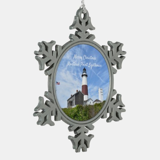 Kloster Montauk Point Leuchtturm Schneeflocken Zinn-Ornament (Links)