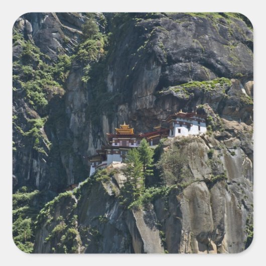Kloster Taktsang auf der Klippe, Paro, Bhutan Quadratischer Aufkleber (Vorderseite)