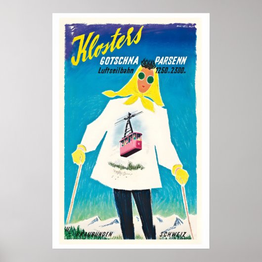 Klosters Gotschna Parsenn Luftseilbahn Vintage Ski Poster (Vorne)