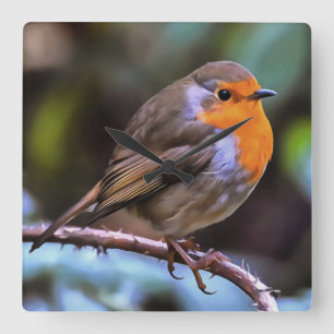 Klumpen Robin auf einem Zweig der Naturkunst Quadratische Wanduhr