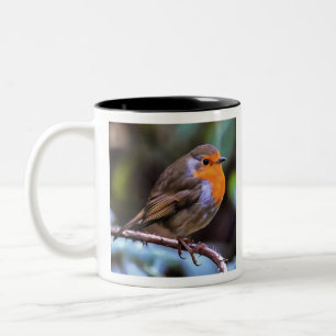 Klumpen Robin auf einem Zweig der Naturkunst Zweifarbige Tasse