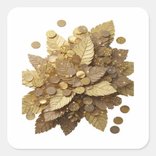 Knackiges Grau GOLDENE BLÄTTER UND MÜNZEN Sticker- Quadratischer Aufkleber
