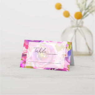 Knallige rosa und violette florale Hochzeitsname Platzkarte