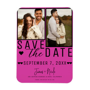 Knallrosa und Schwarze Save the Date 2 Foto-Hochze Magnet