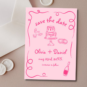 Knallrosa Verrückte Whimsical-Handgezeichnete Hoch Save The Date